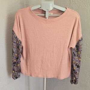 Gypsies & Moondust Pink Waffle Knit Top with Sheer Floral Sleeves Hippie Cottage